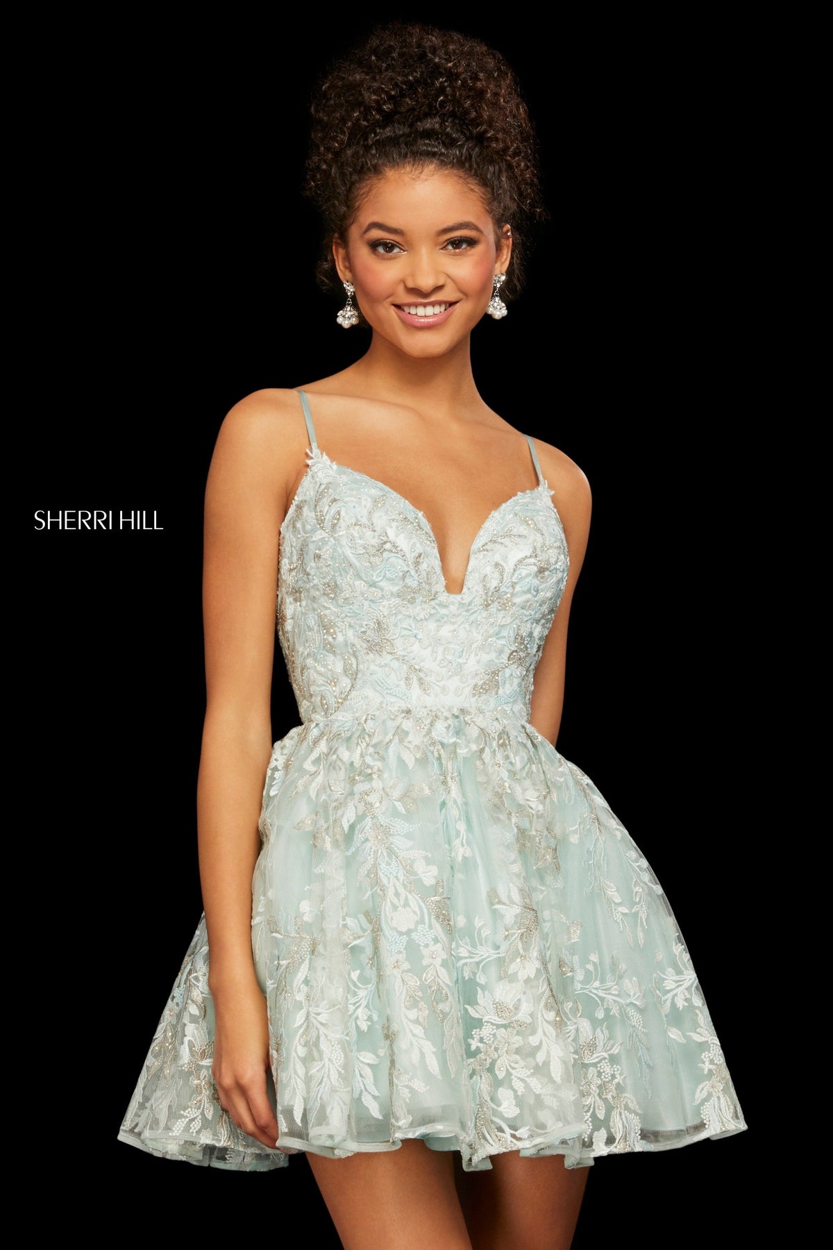 Sherri Hill 53074 embroidered A-line cocktail dress in seafoam