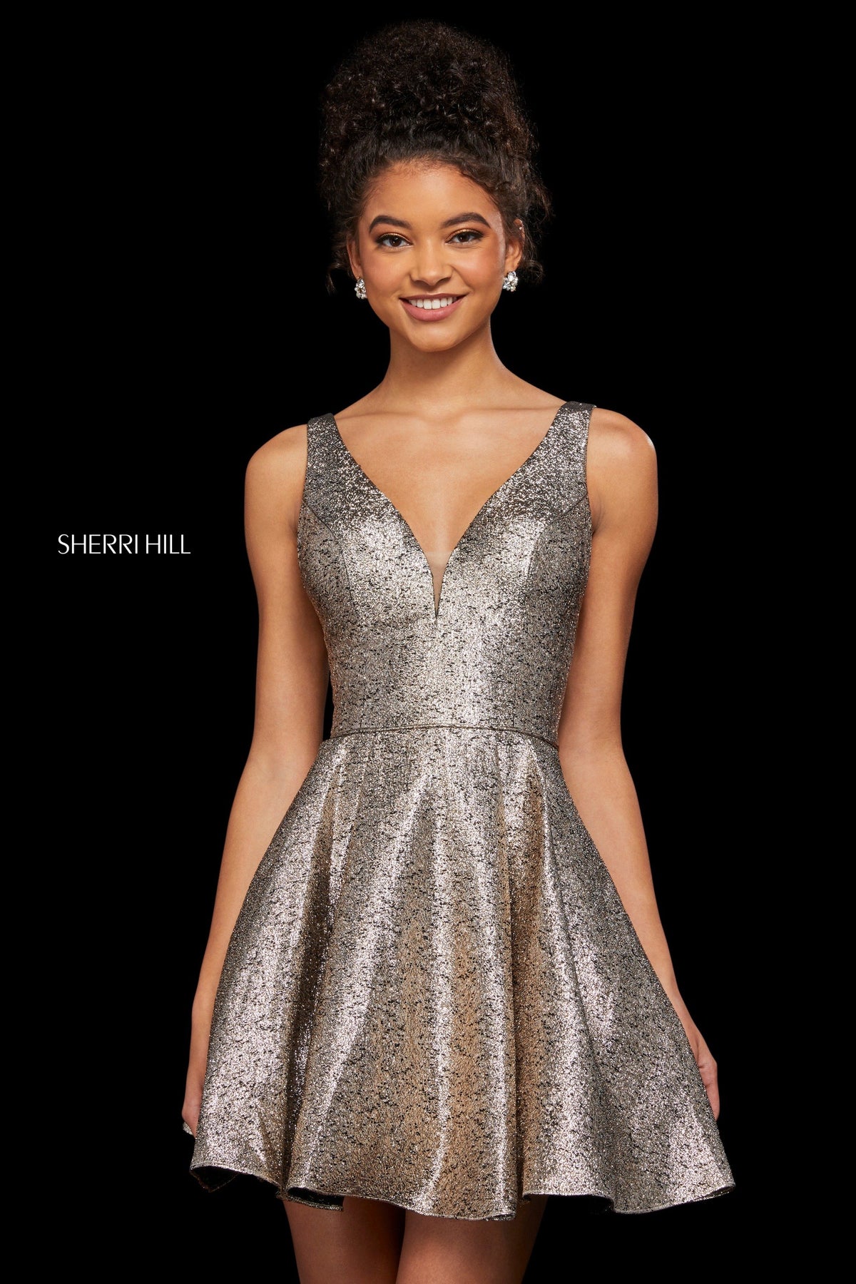 Sherri Hill 53106 glitter A-line cocktail gown in gold