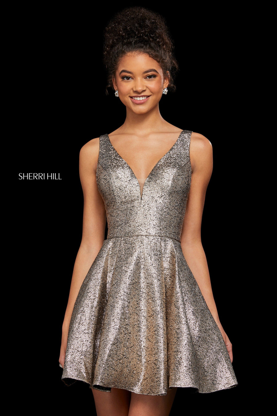 Sherri Hill style 53106 in gold, Glitter A-Line Cocktail Gown