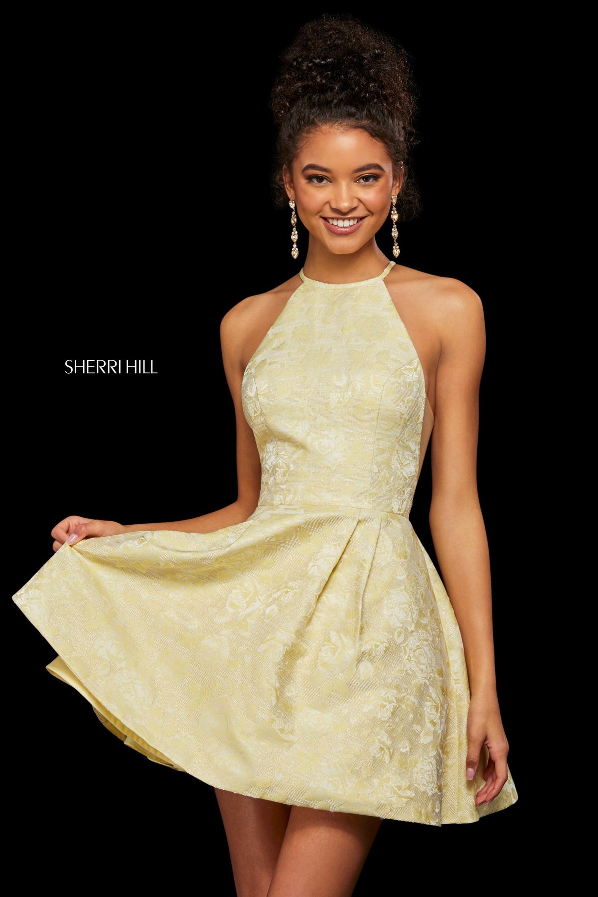 Sherri Hill 53022 brocade A-line cocktail dress in light yellow print