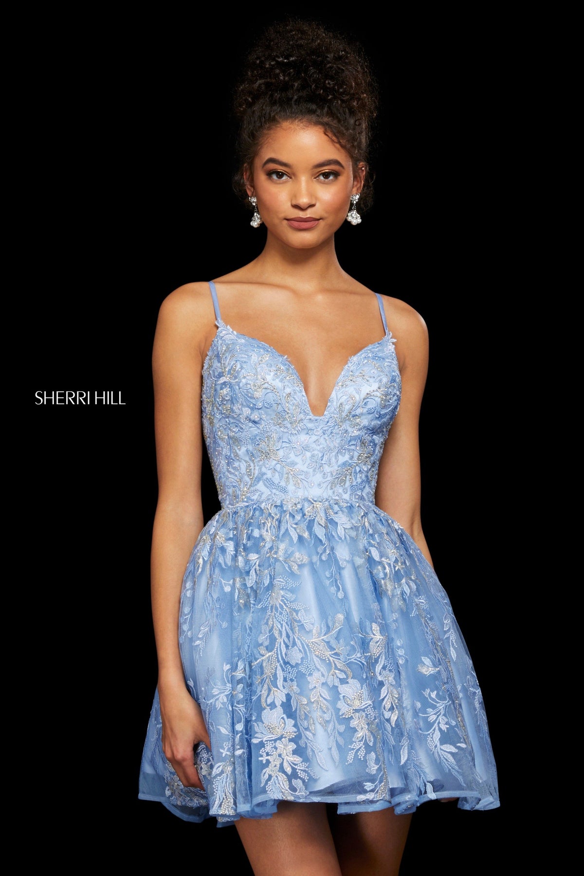 Sherri Hill 53074 embroidered A-line cocktail dress in periwinkle
