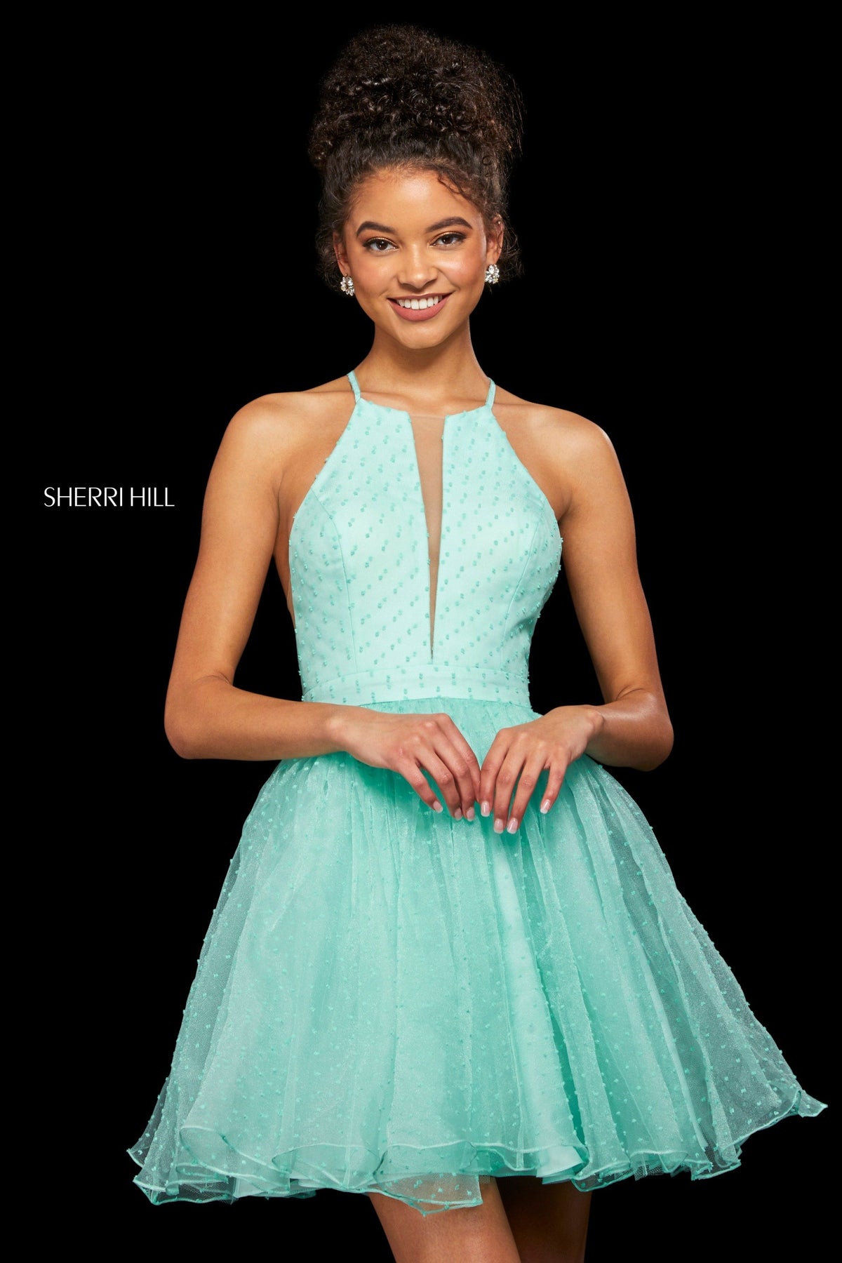 Sherri Hill 53075 A-line point d'esprit cocktail dress in light green