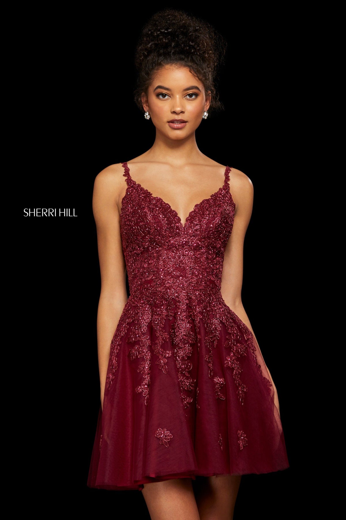 Sherri Hill 53098 lace and tulle A-line cocktail dress in burgundy