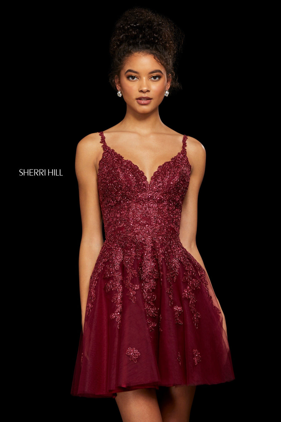 Sherri Hill style 53098 in burgundy, Lace and Tulle A-Line Cocktail Dress