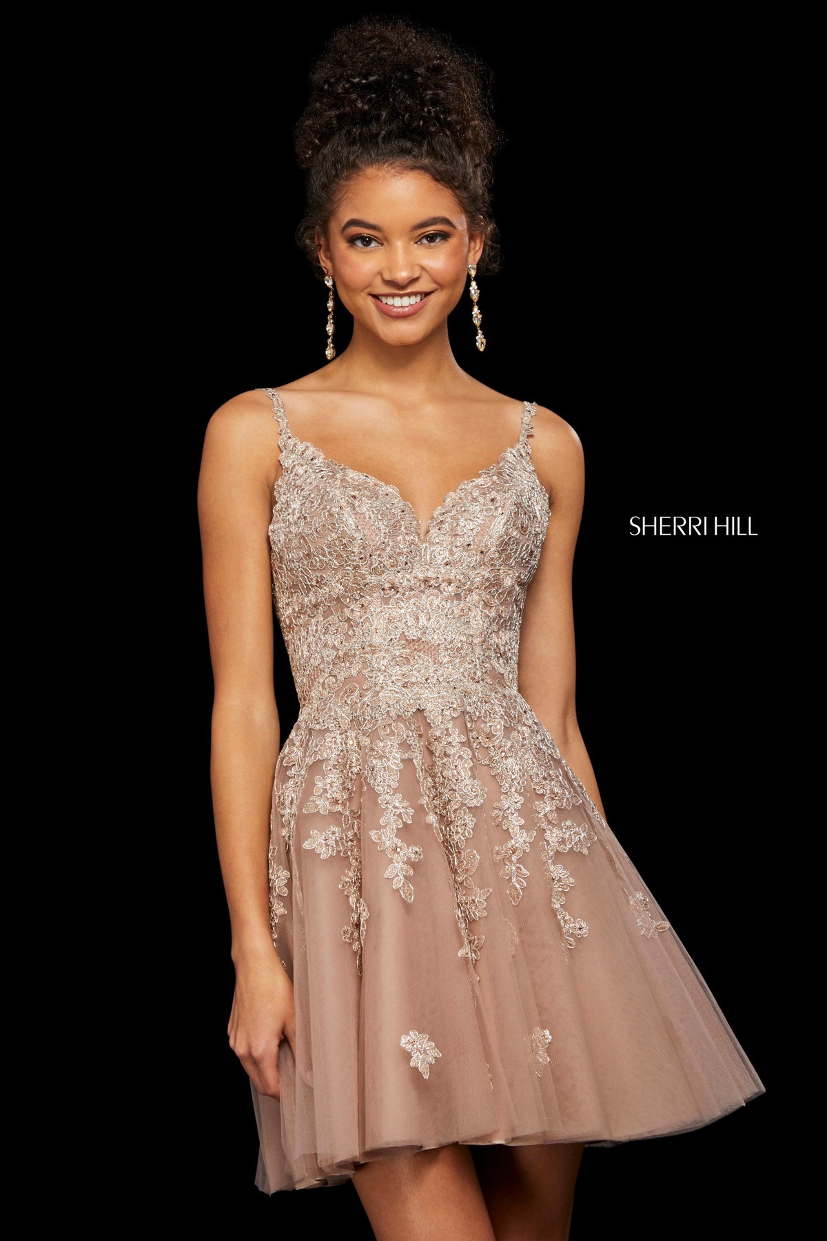 Sherri Hill 53098 lace and tulle A-line cocktail dress in nude
