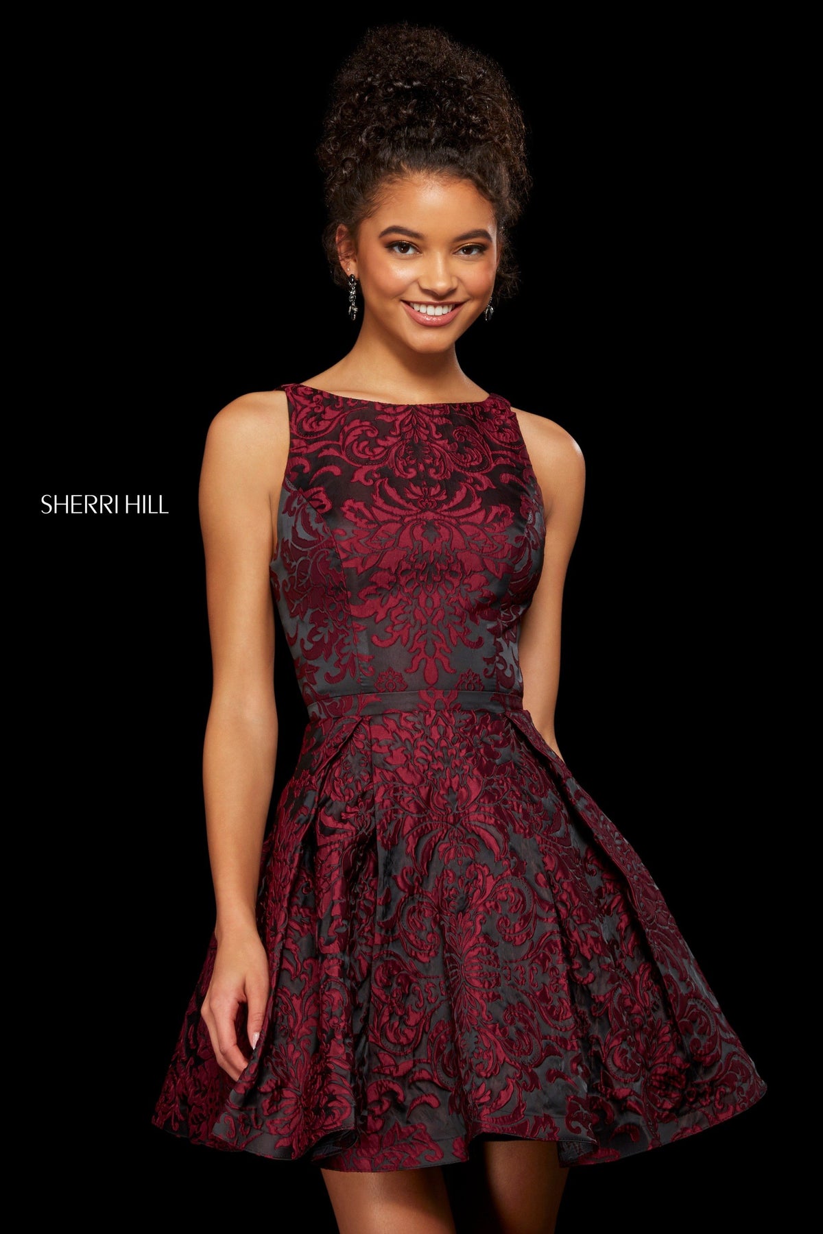 Sherri Hill 52982 brocade A-line cocktail dress in wine