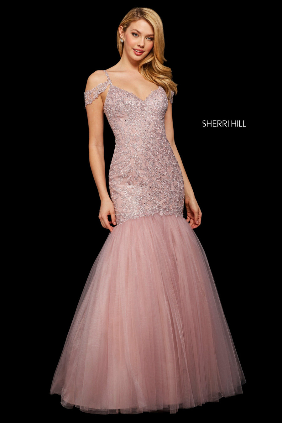 Sherri Hill style 53140 in ivory/gold, Lace and Tulle Mermaid Dress