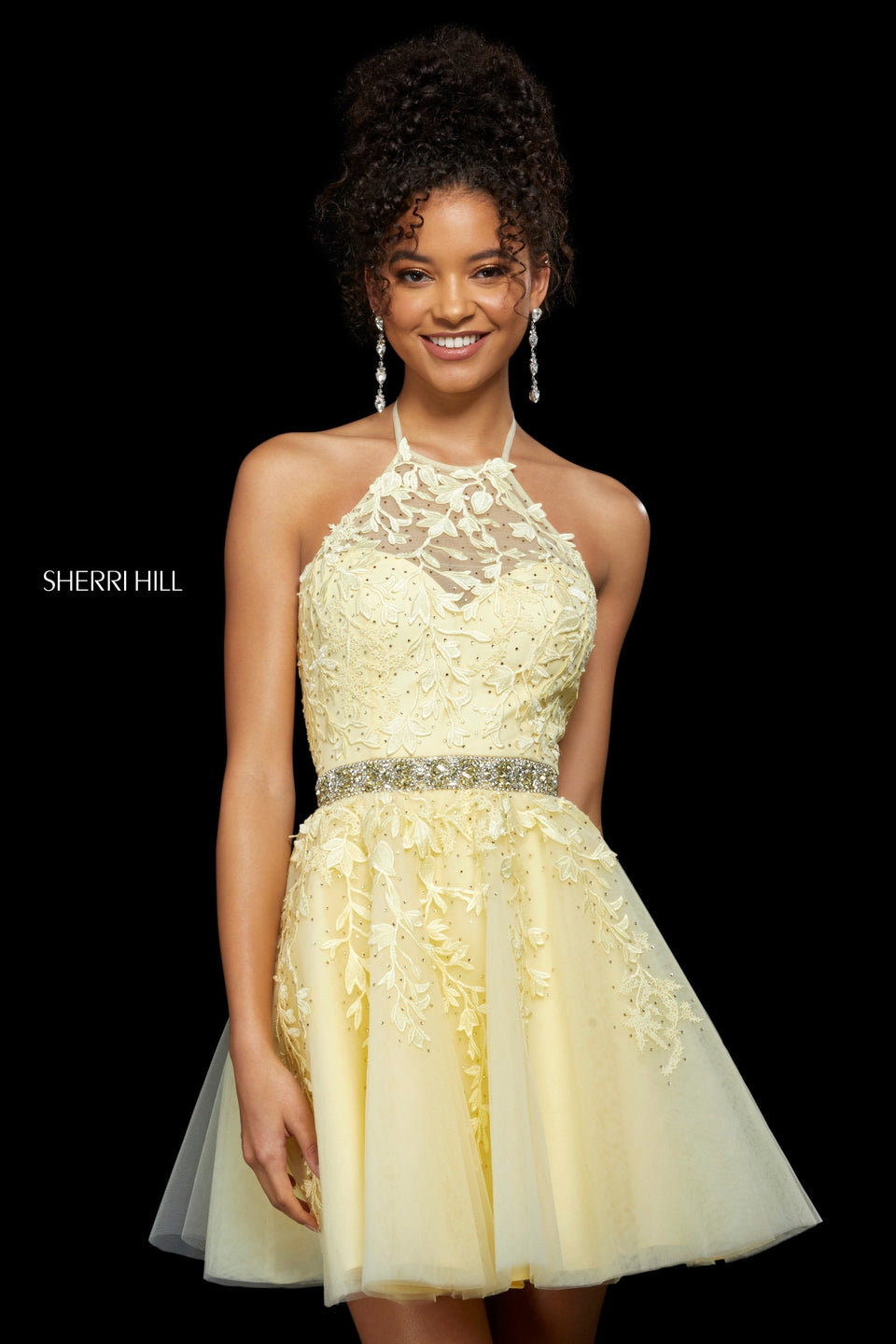 sherri hill Embroidered lace and tulle A-line cocktail dress with halter neckline and corset style sherri hill Embroidered lace and tulle A-line cocktail dress with halter neckline and corset style