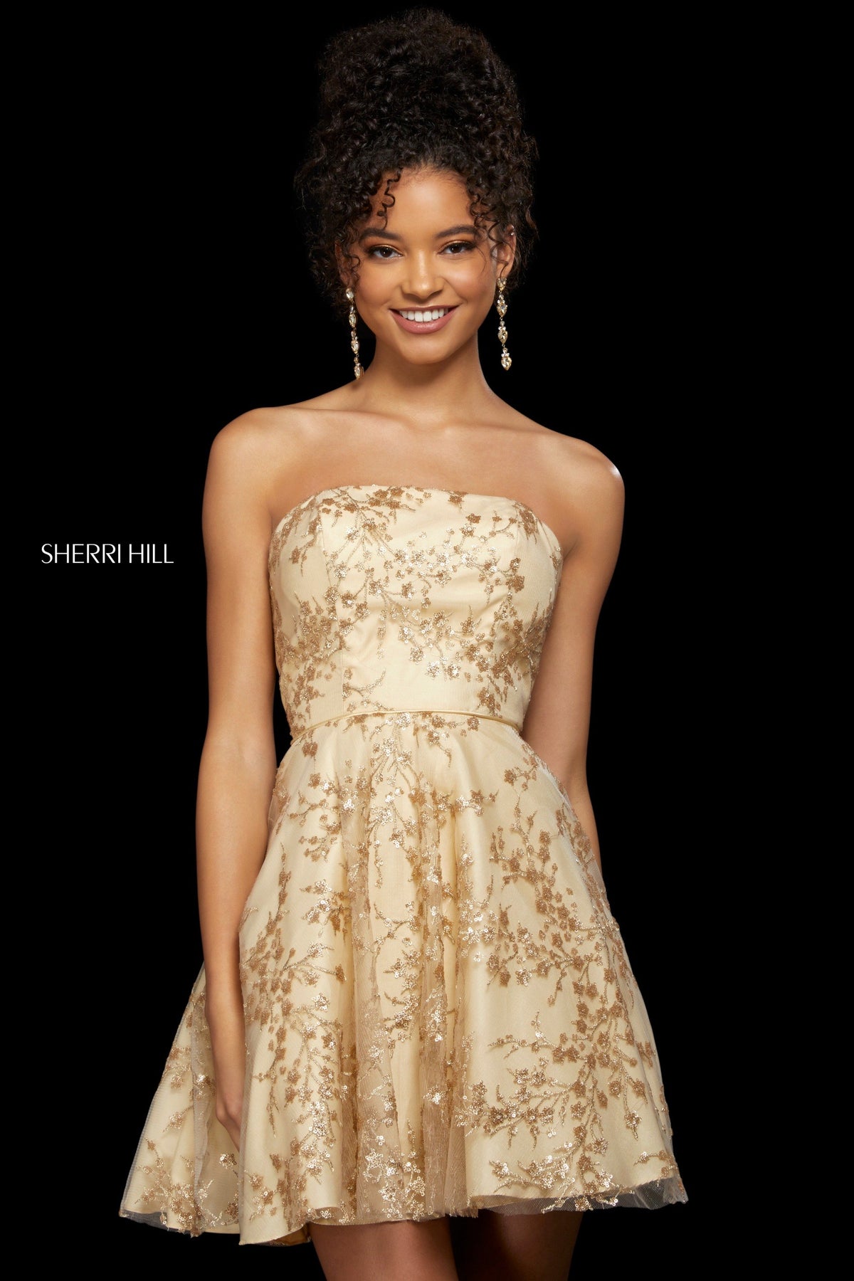 Sherri Hill 53181 strapless A-line cocktail dress in gold