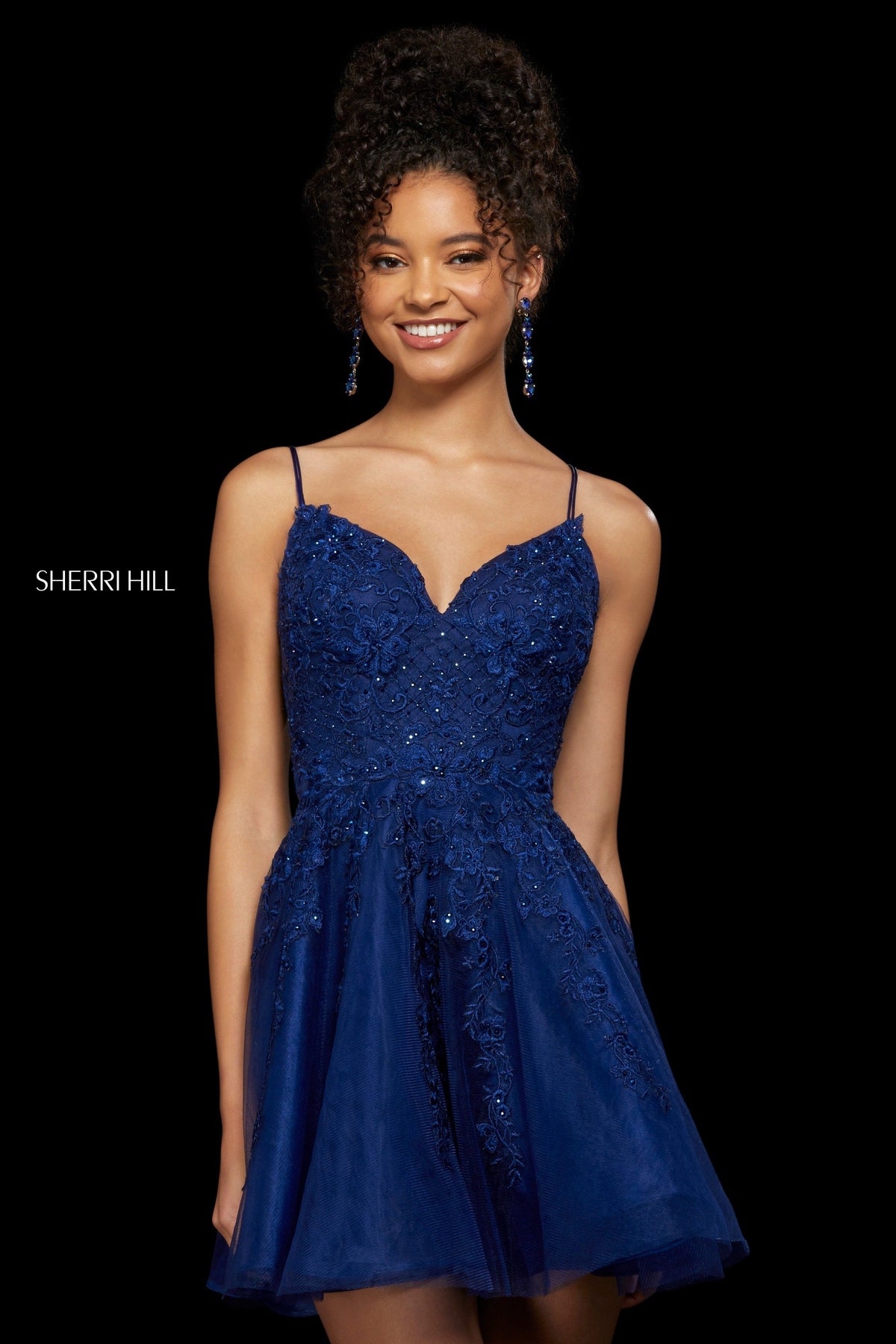 Sherri Hill 53157 lace and tulle cocktail dress in navy