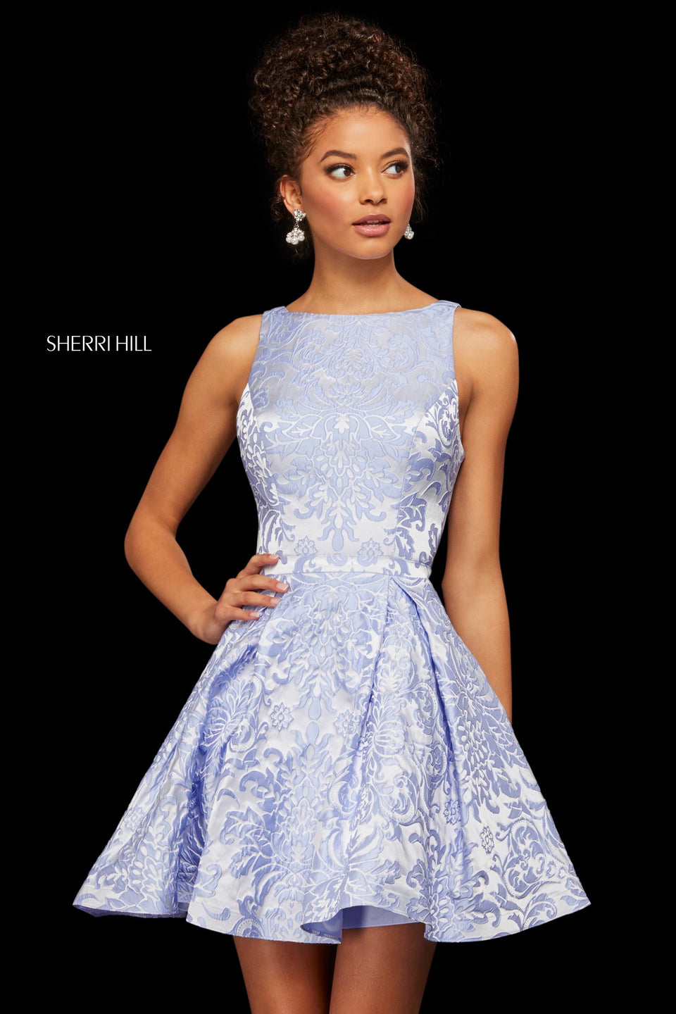 sherri hill Brocade A-line cocktail dress with a boat neckline and cut out  back |