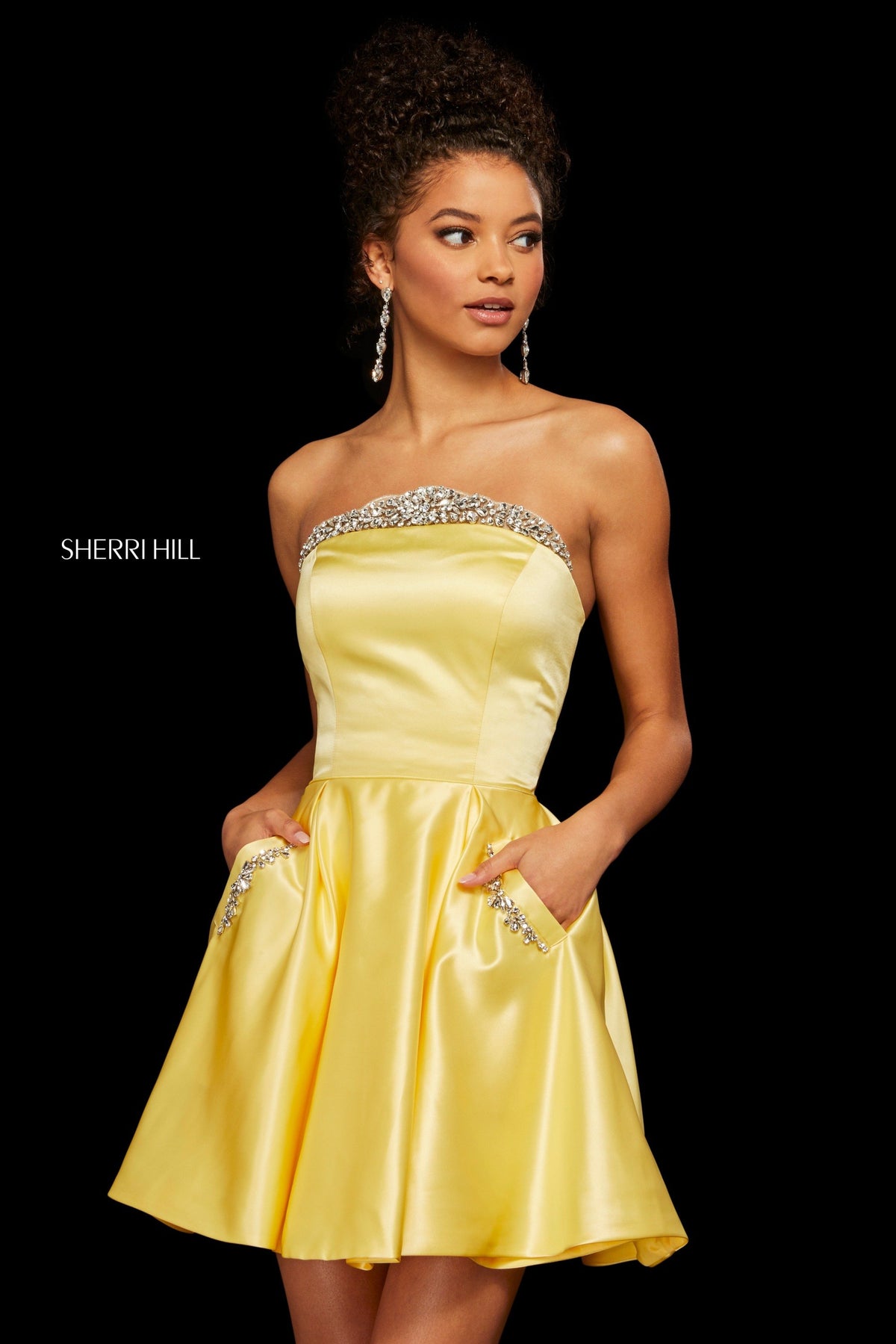 Sherri Hill 53068 satin strapless A-line cocktail gown in yellow