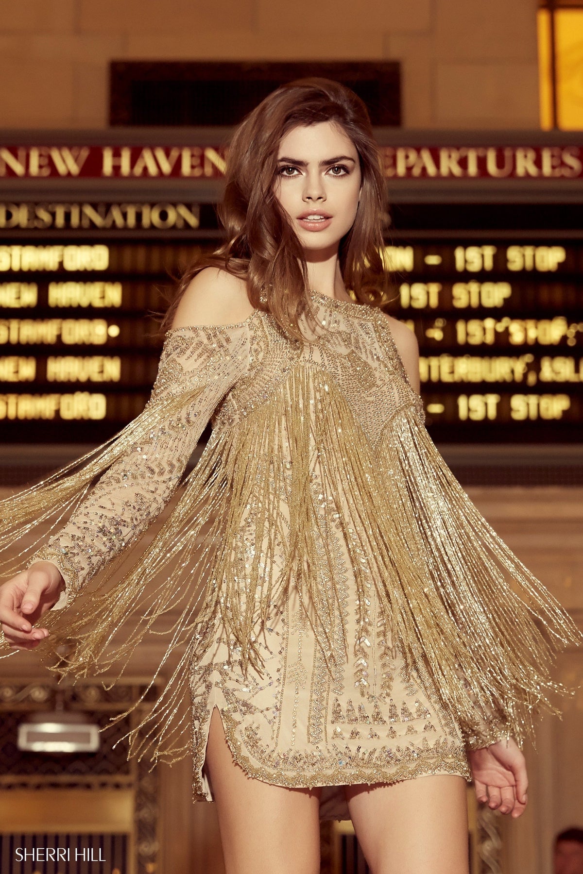 Sherri Hill 53034 beaded fringe cocktail dress in gold
