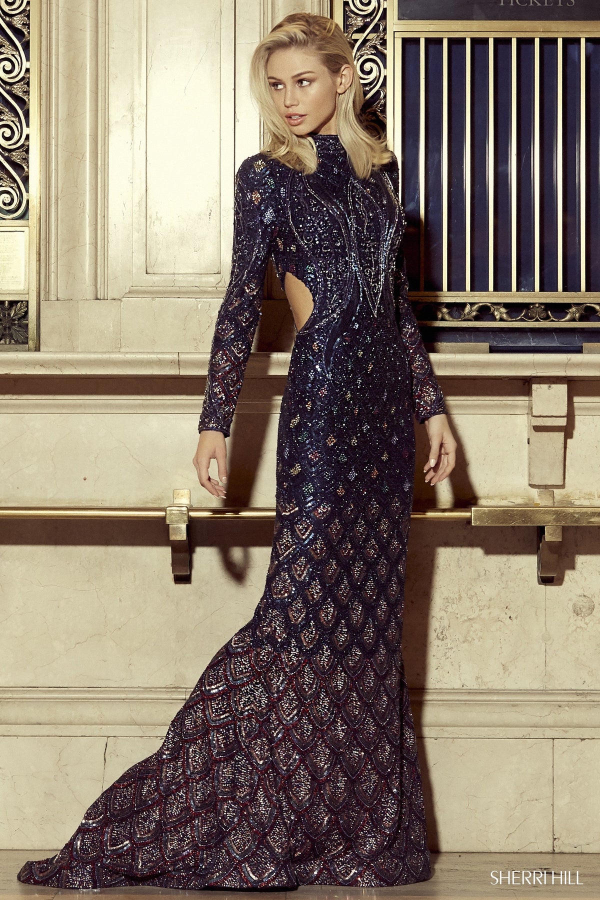 Sherri Hill 53133 beaded fitted gown with high neckline in navy/multi