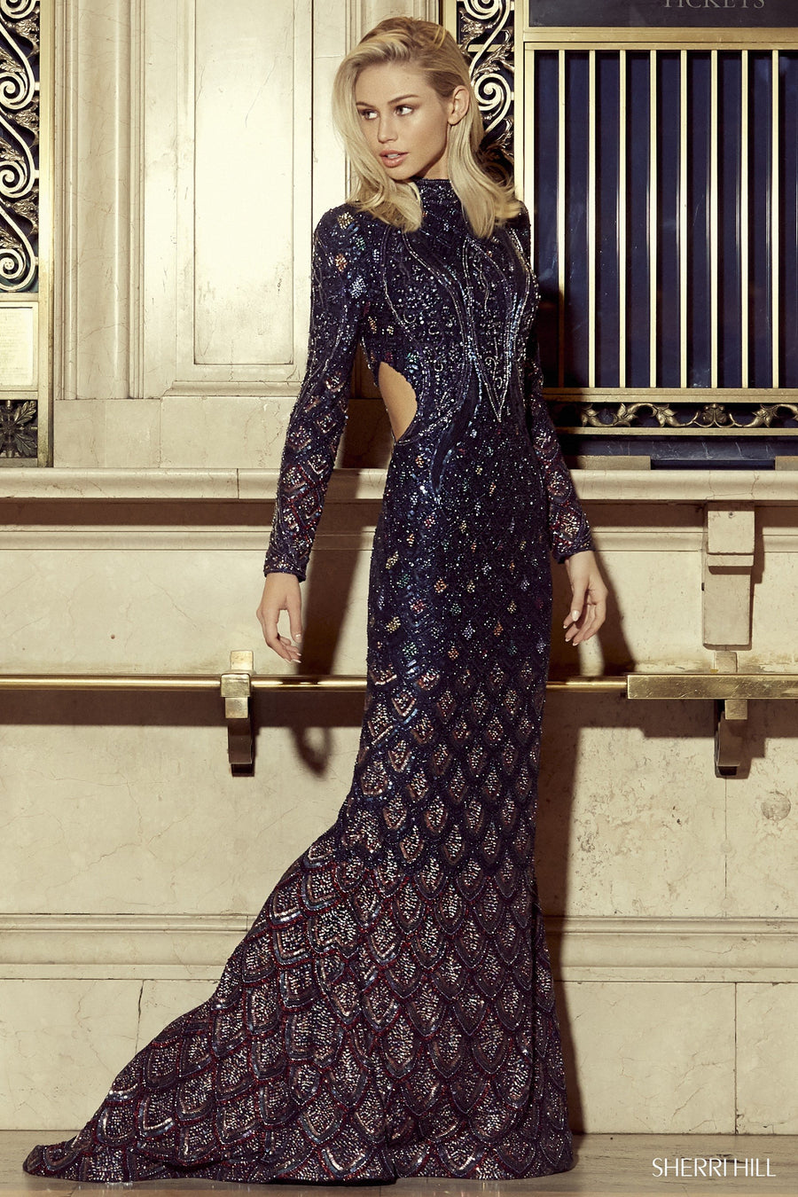 Sherri Hill style 53133 in black/multi, Beaded Fitted Gown with High Neckline