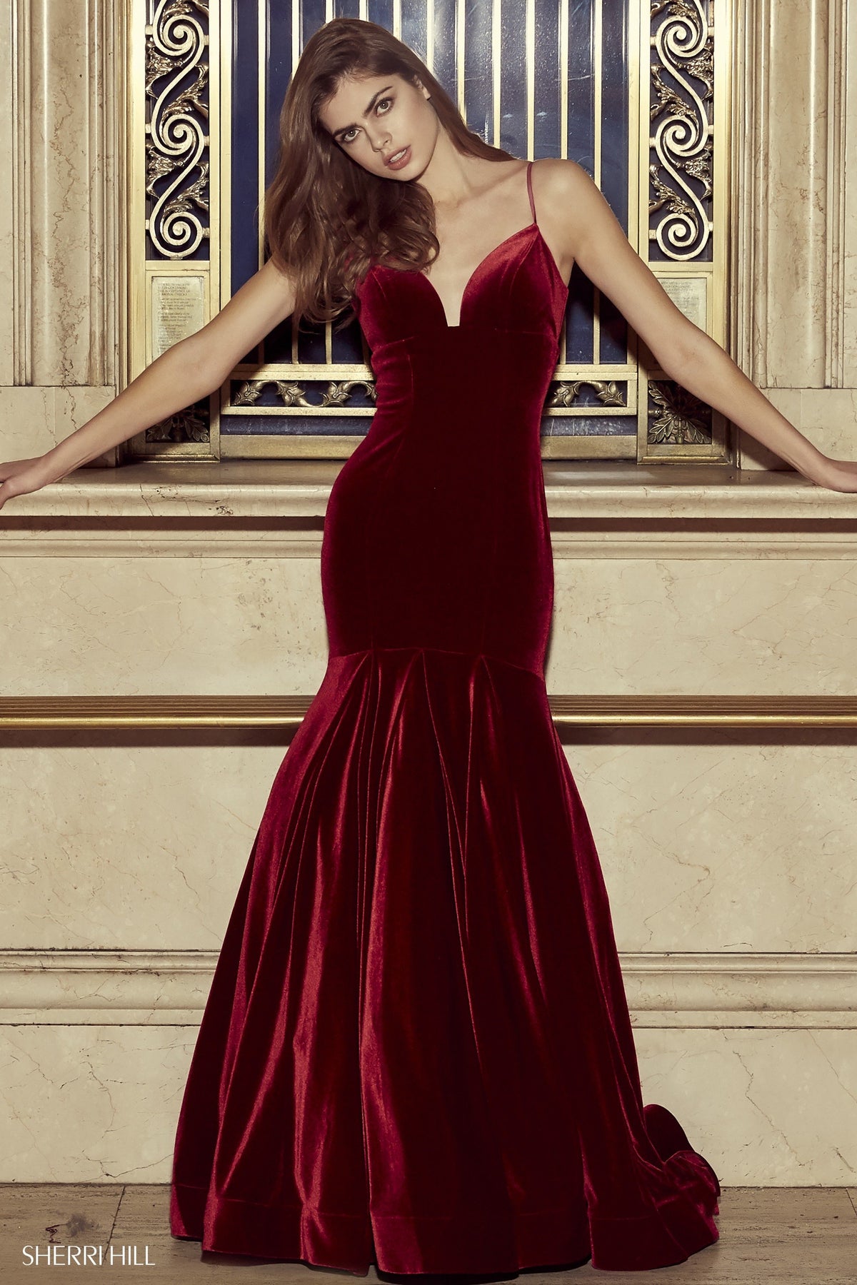 Sherri Hill 53137 velvet mermaid gown in burgundy