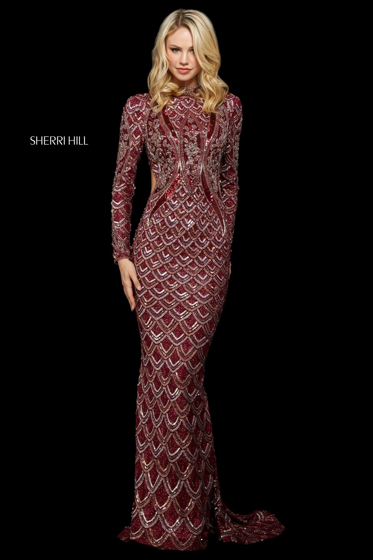 Sherri Hill 53133 beaded fitted gown with high neckline