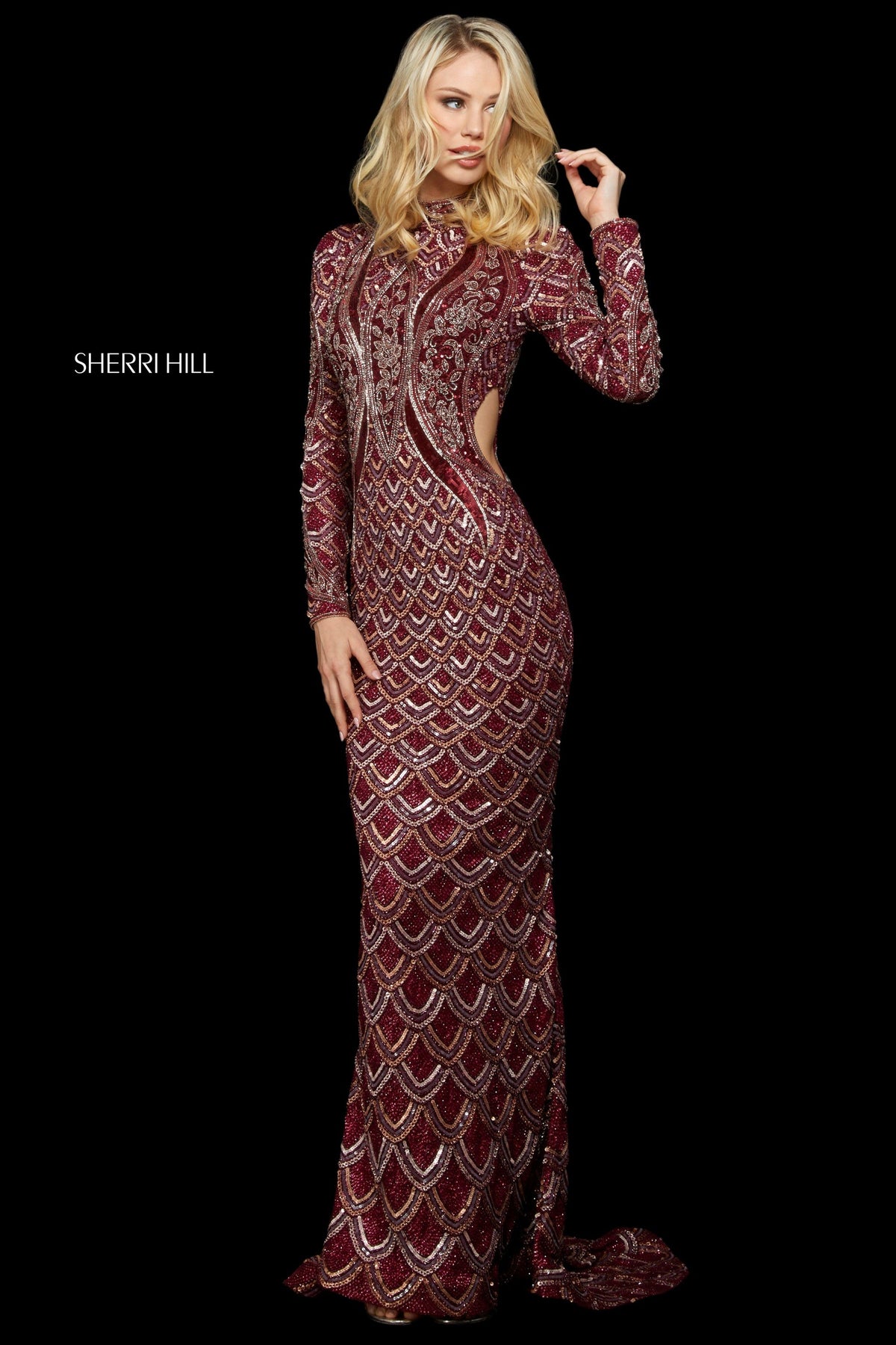 Sherri Hill 53133 beaded fitted gown with high neckline in burgundy/blush