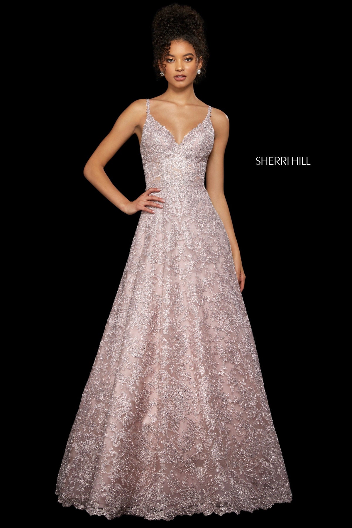 Sherri Hill 53250 lace A-line gown with sweetheart neckline in rose gold