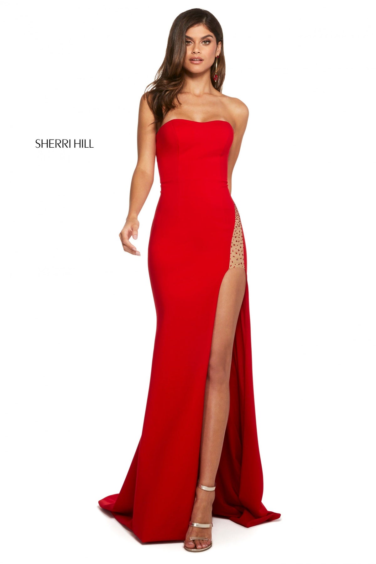 Sherri Hill 52987 strapless scuba dress in red