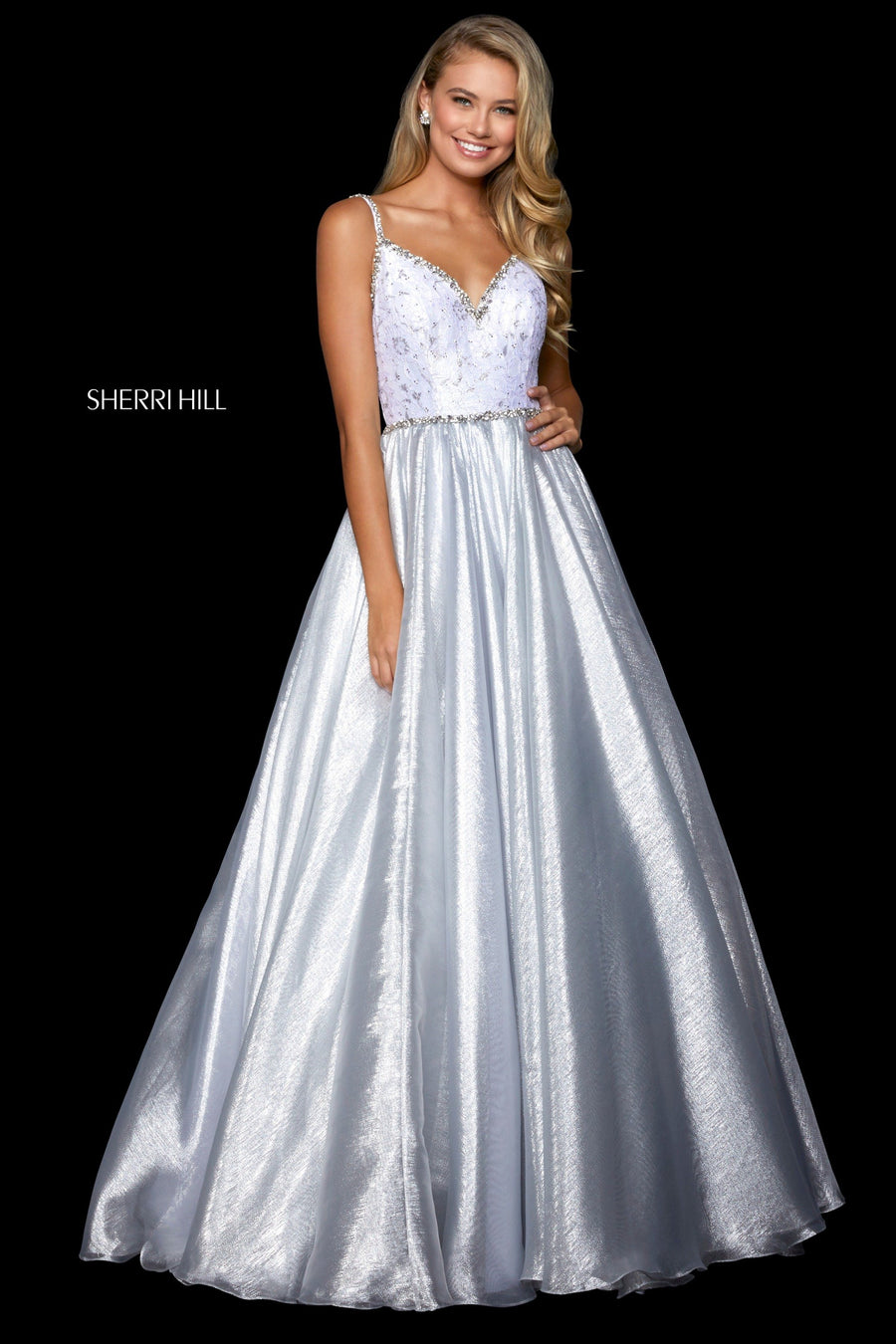Sherri Hill style 52994 in silver, Bodice with Metallic Organza Ball Gown