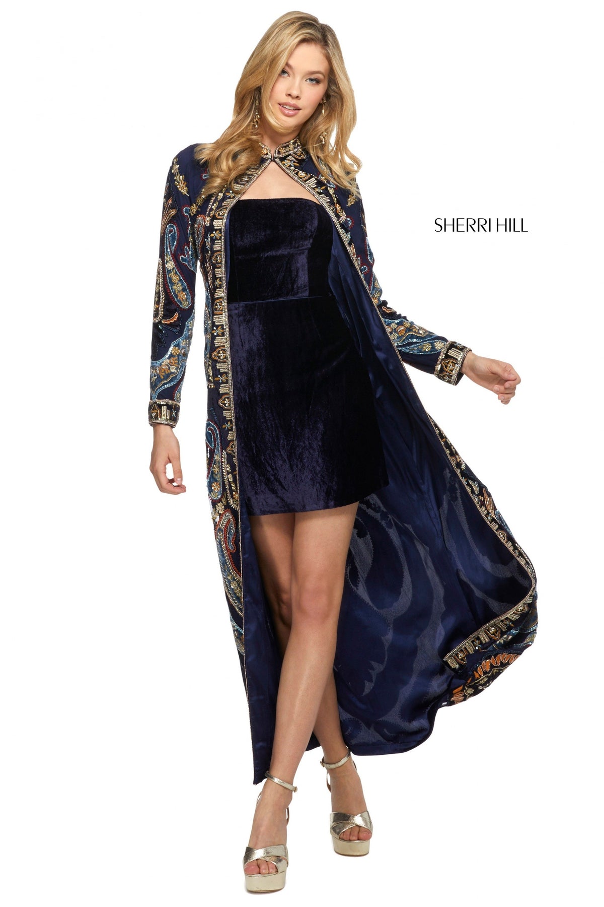Sherri Hill 53047 strapless velvet cocktail dress in navy/multi