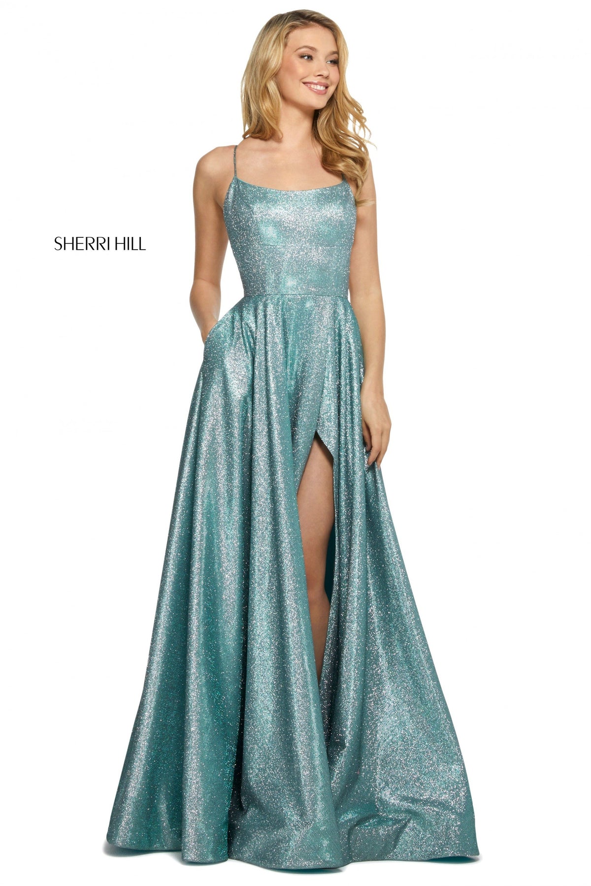 Sherri Hill 53118 glitter gown with strappy lace up back in aqua/silver