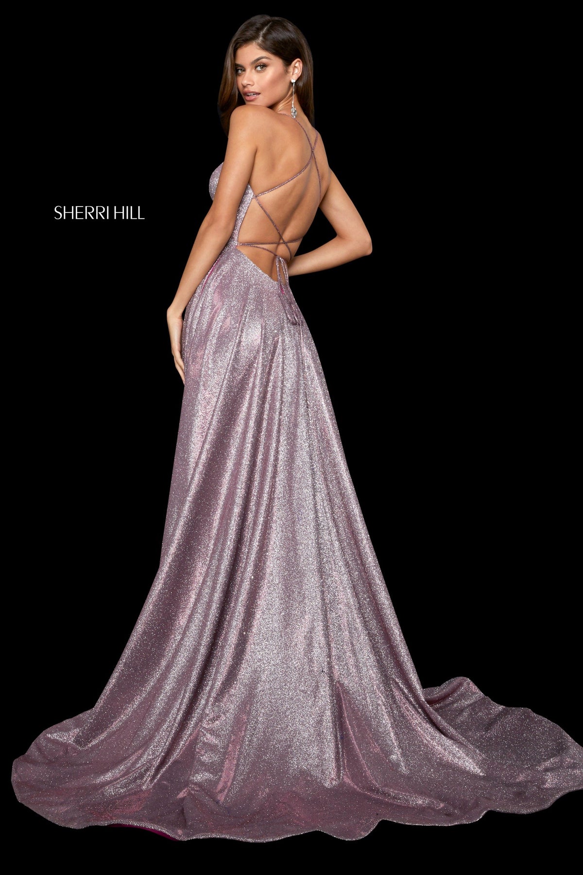 Sherri Hill 53118 glitter gown with strappy lace up back