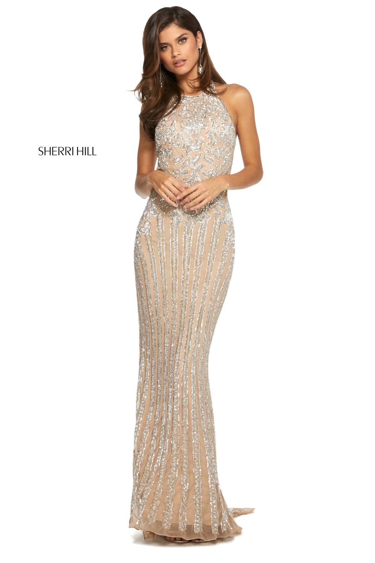 Sherri Hill 53132 beaded fitted gown in nude