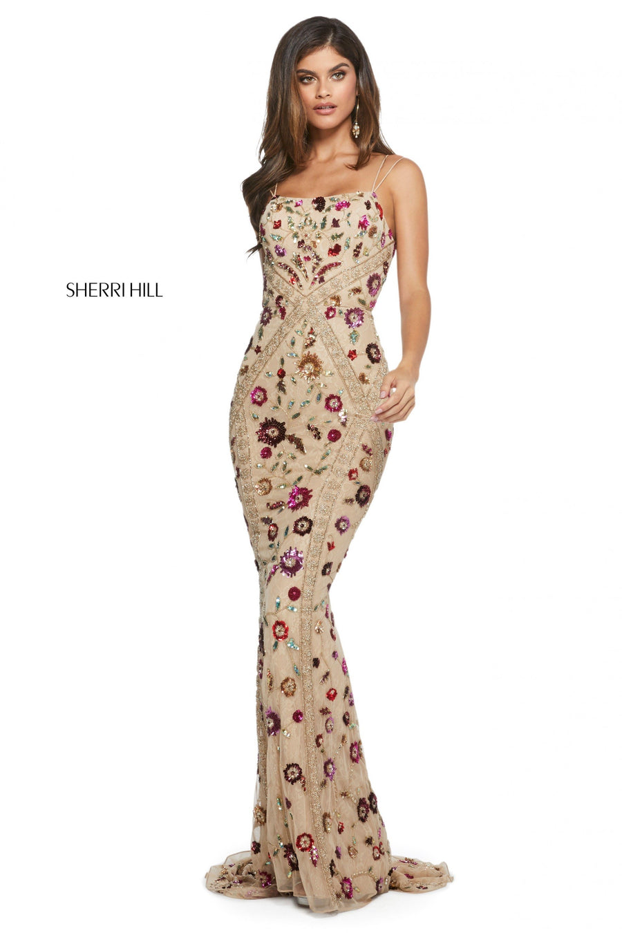 Sherri Hill style 53134 in nude/multi, Pattern Column Dress