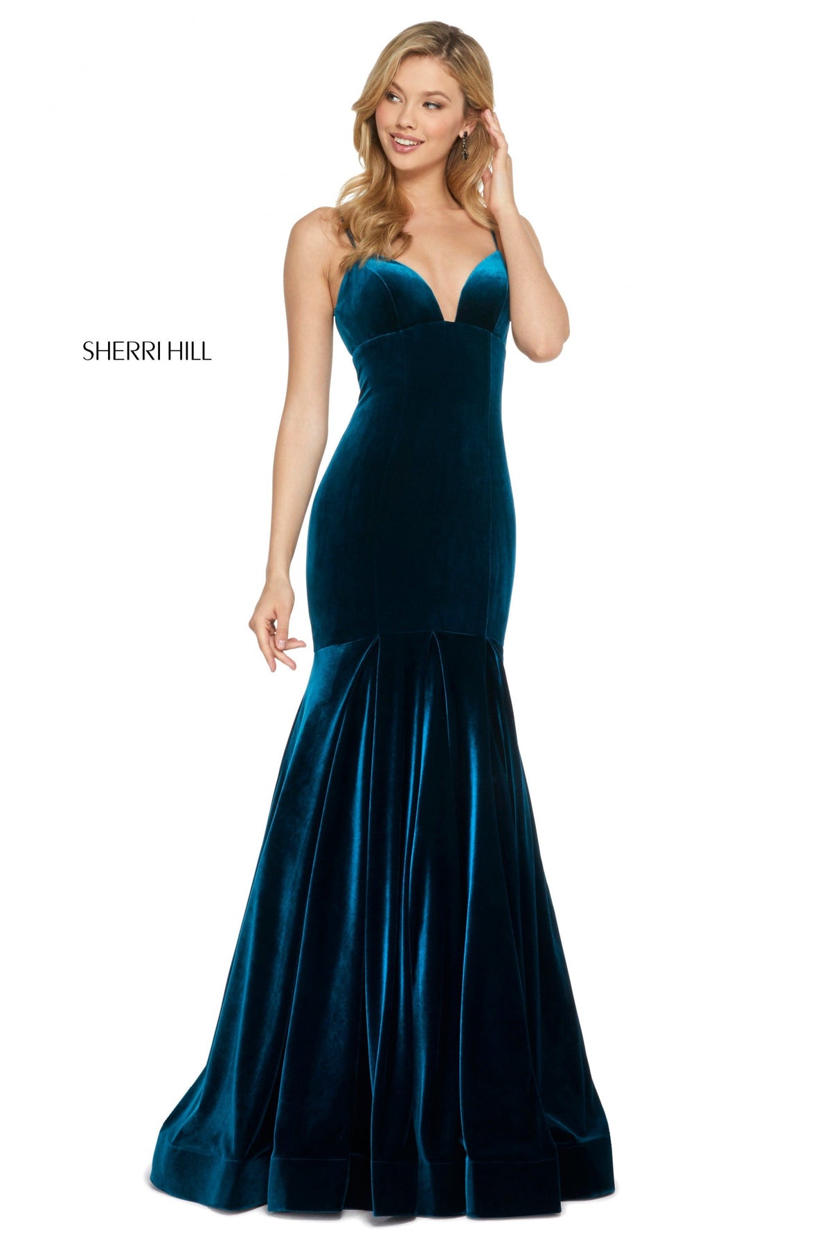 Sherri Hill 53137 velvet mermaid gown in teal