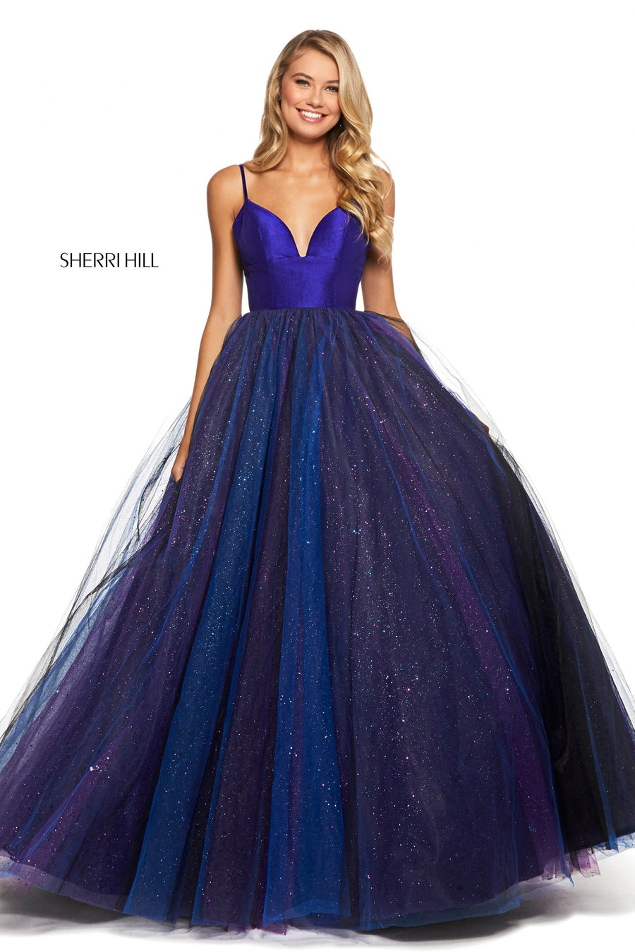 Sherri Hill style 53174 in purple/black, Glitter Tulle Ball Gown
