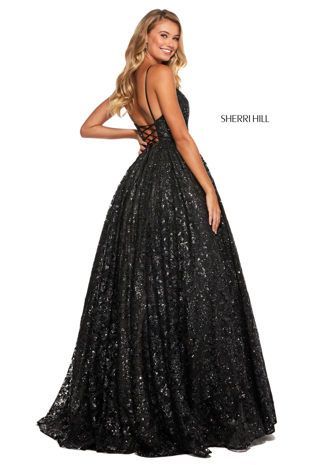 Sherri Hill 53176 sequin lace ball gown in black