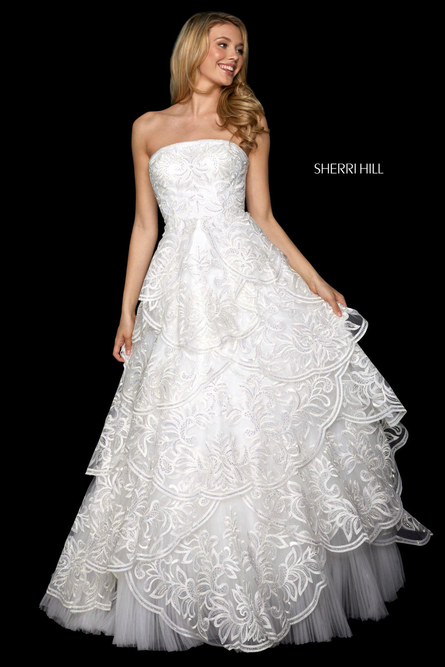 Sherri Hill style 53209 in black, Tiered Beaded Lace and Tulle Ball Gown