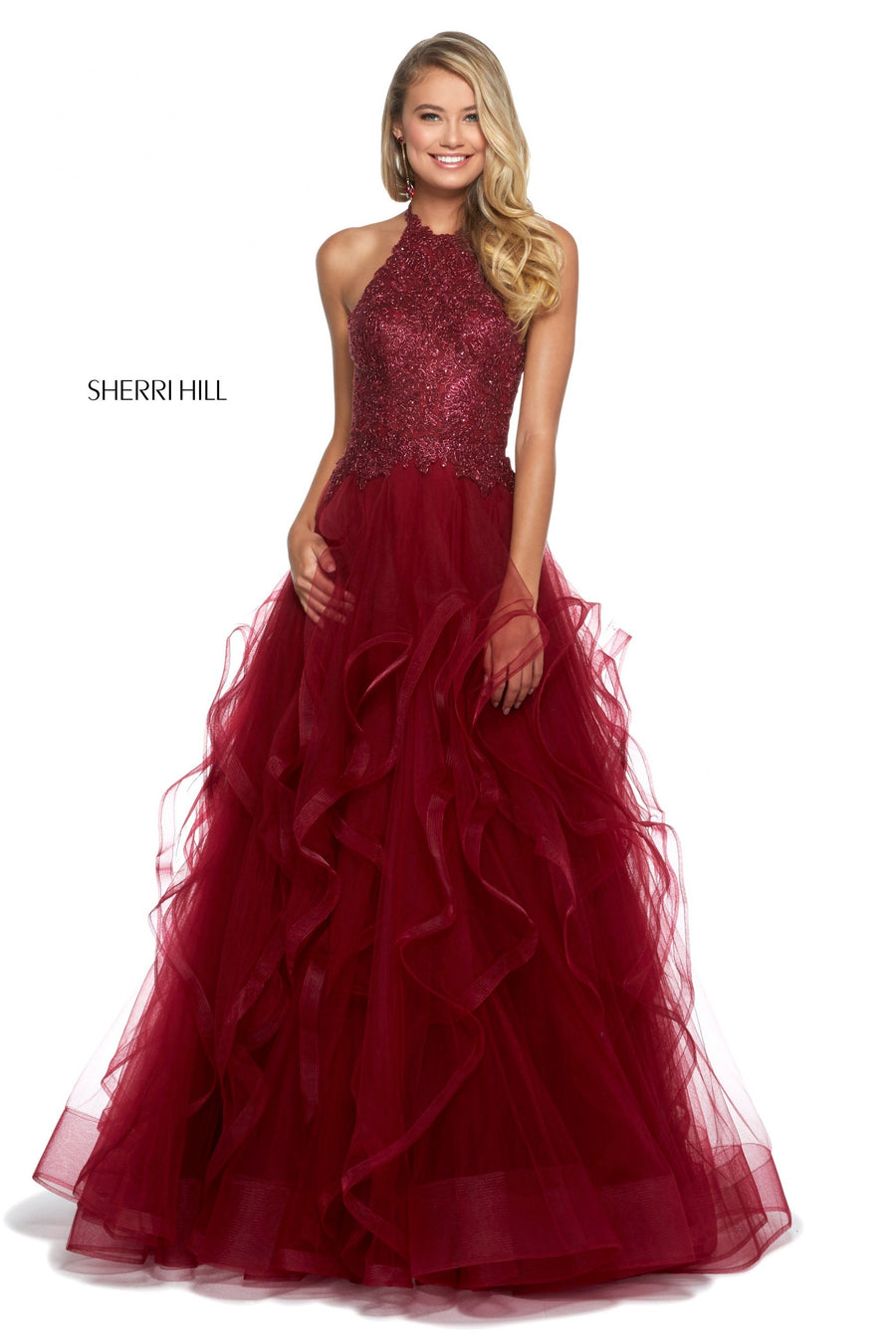 Sherri Hill style 53249 in blush, Neck Bodice and Ruffle Tulle Ball Gown
