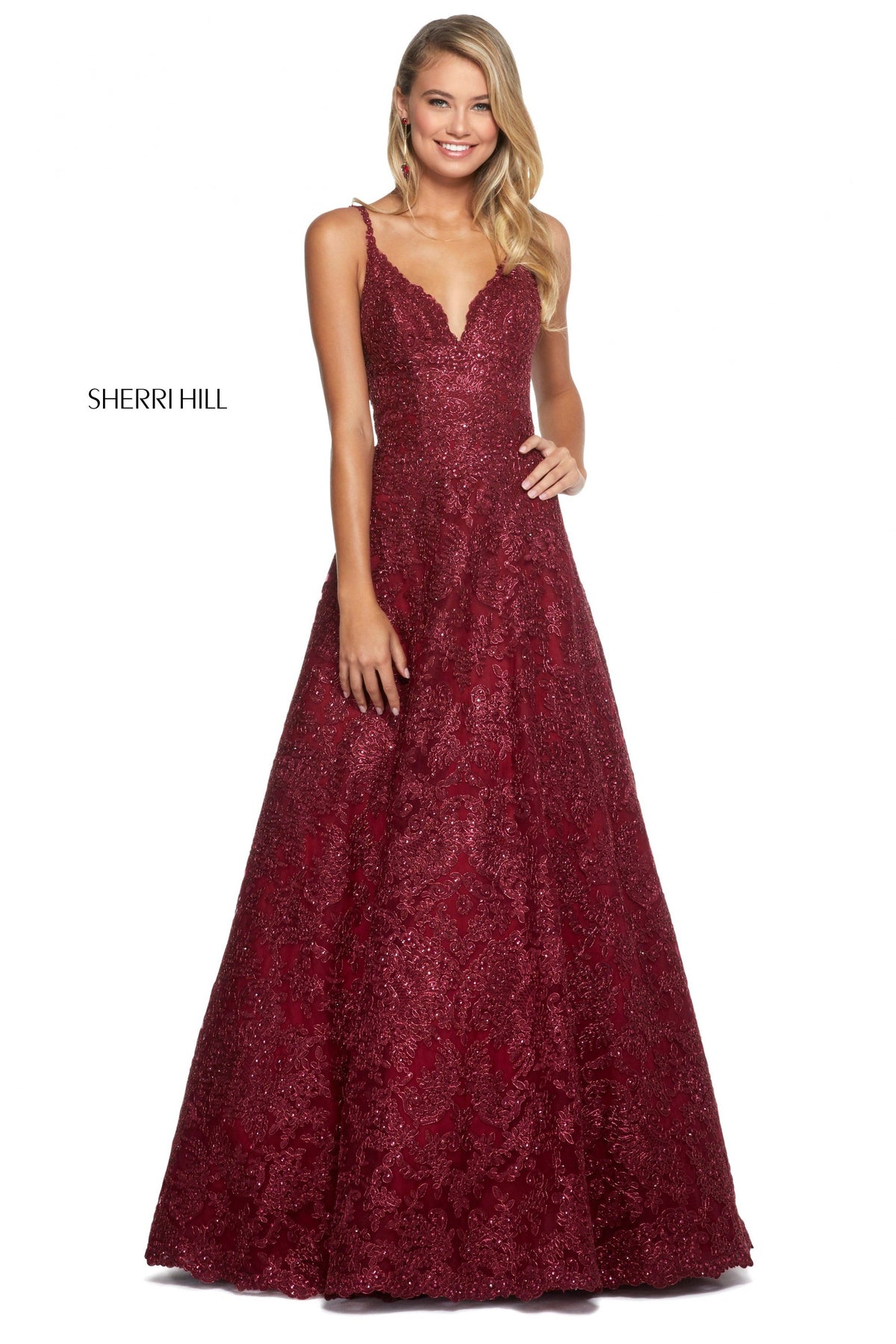 Sherri Hill 53250 lace A-line gown with sweetheart neckline in burgundy
