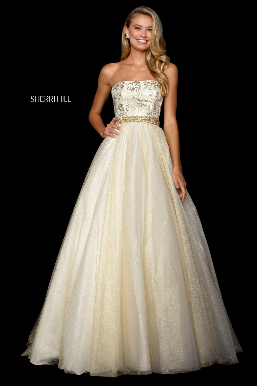 Sherri Hill style 53256 in light blue/gold, Strapless Ball Gown