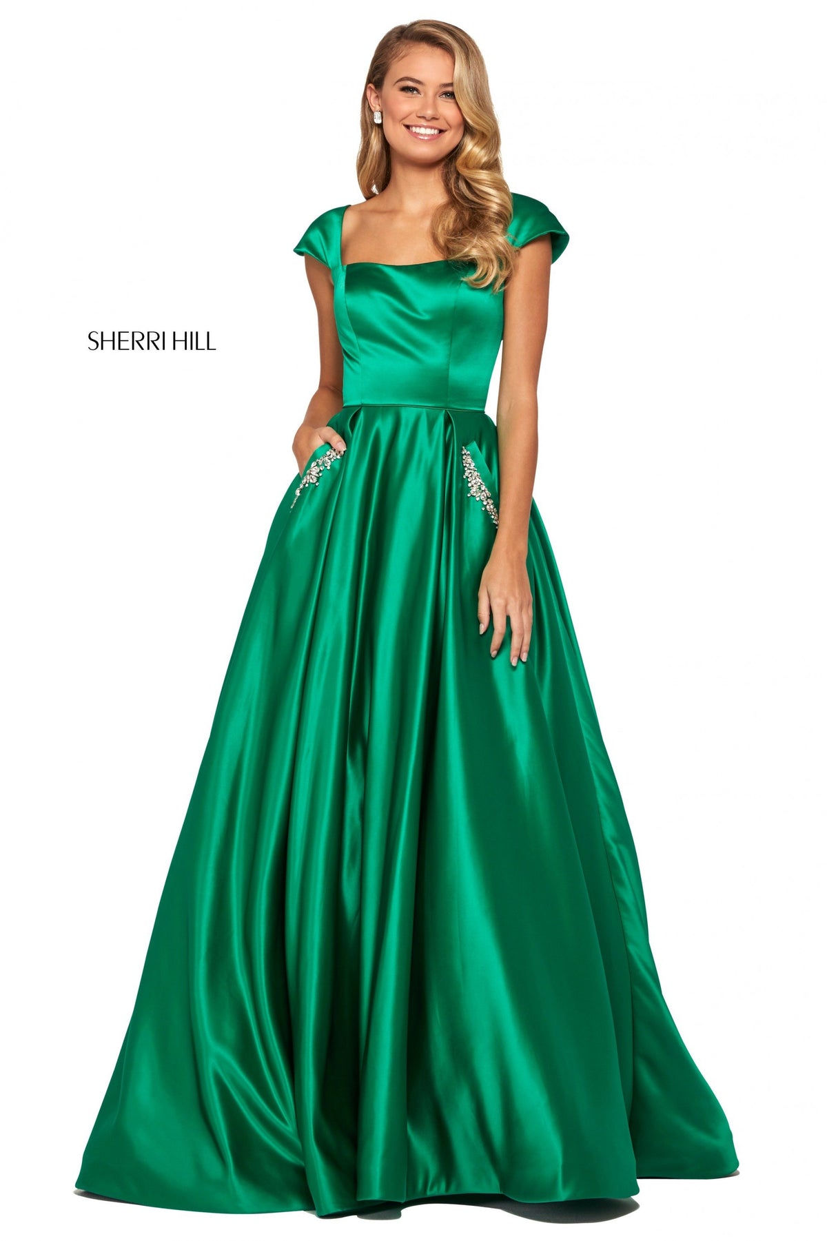 Sherri Hill 53315 satin A-line gown with cap sleeve bodice