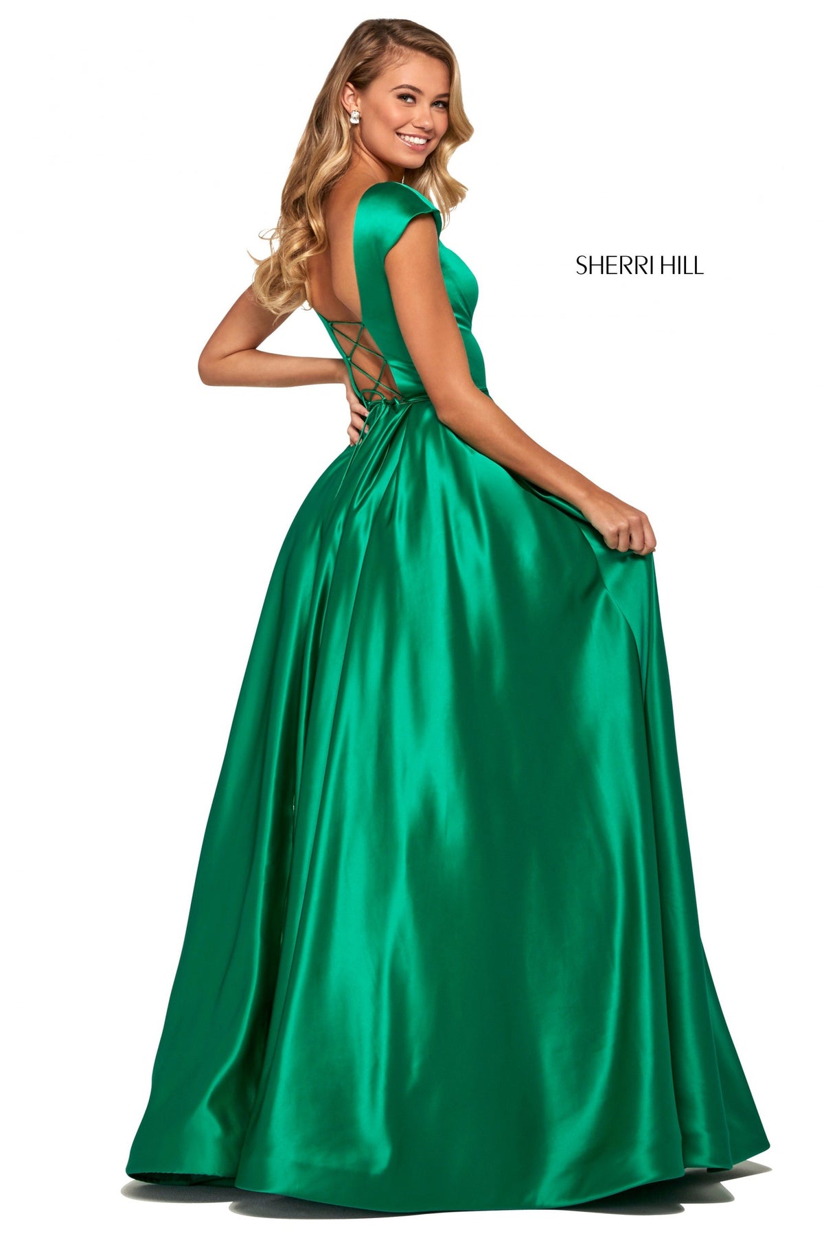 Sherri Hill 53315 satin A-line gown with cap sleeve bodice
