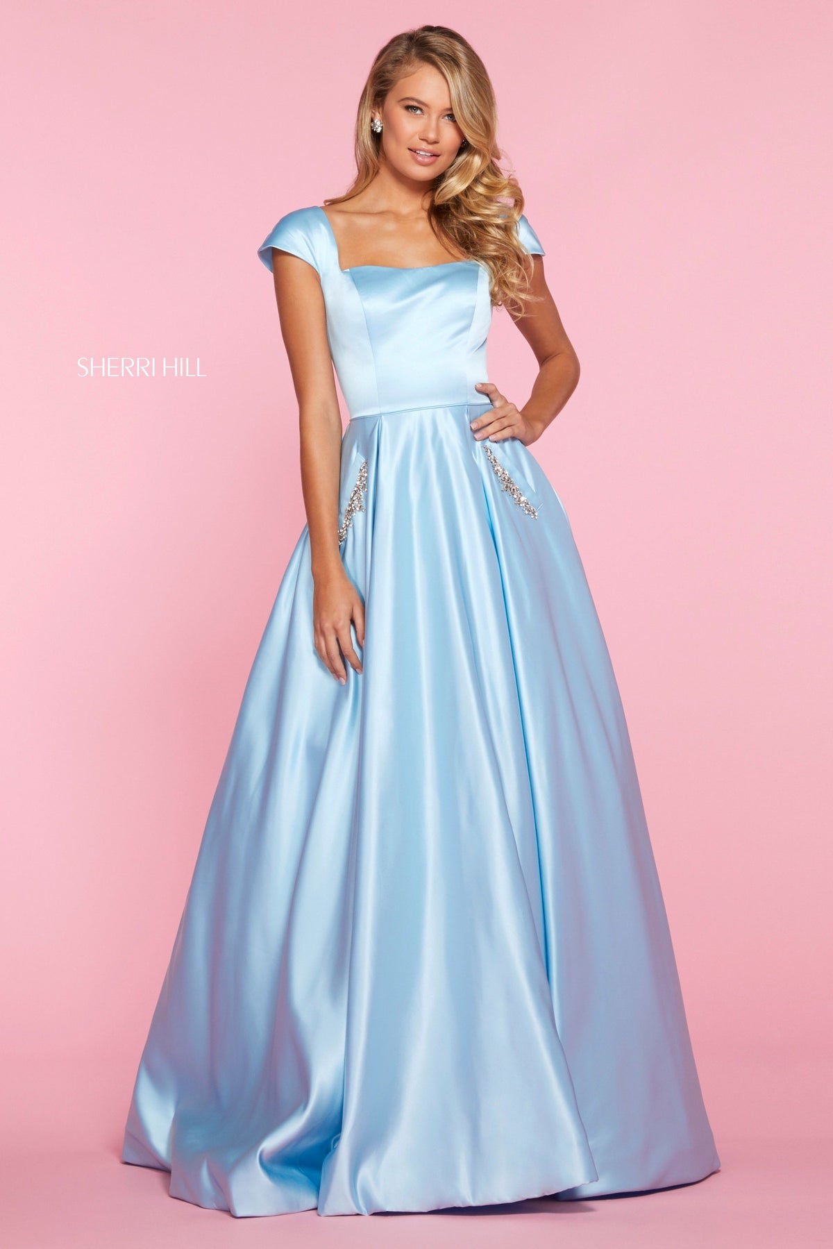 Sherri Hill 53315 satin A-line gown with cap sleeve bodice