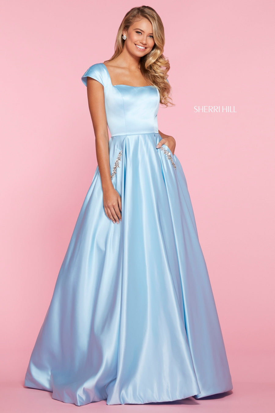 Sherri Hill style 53315 in navy, Satin A-Line Gown with Cap Sleeve Bodice