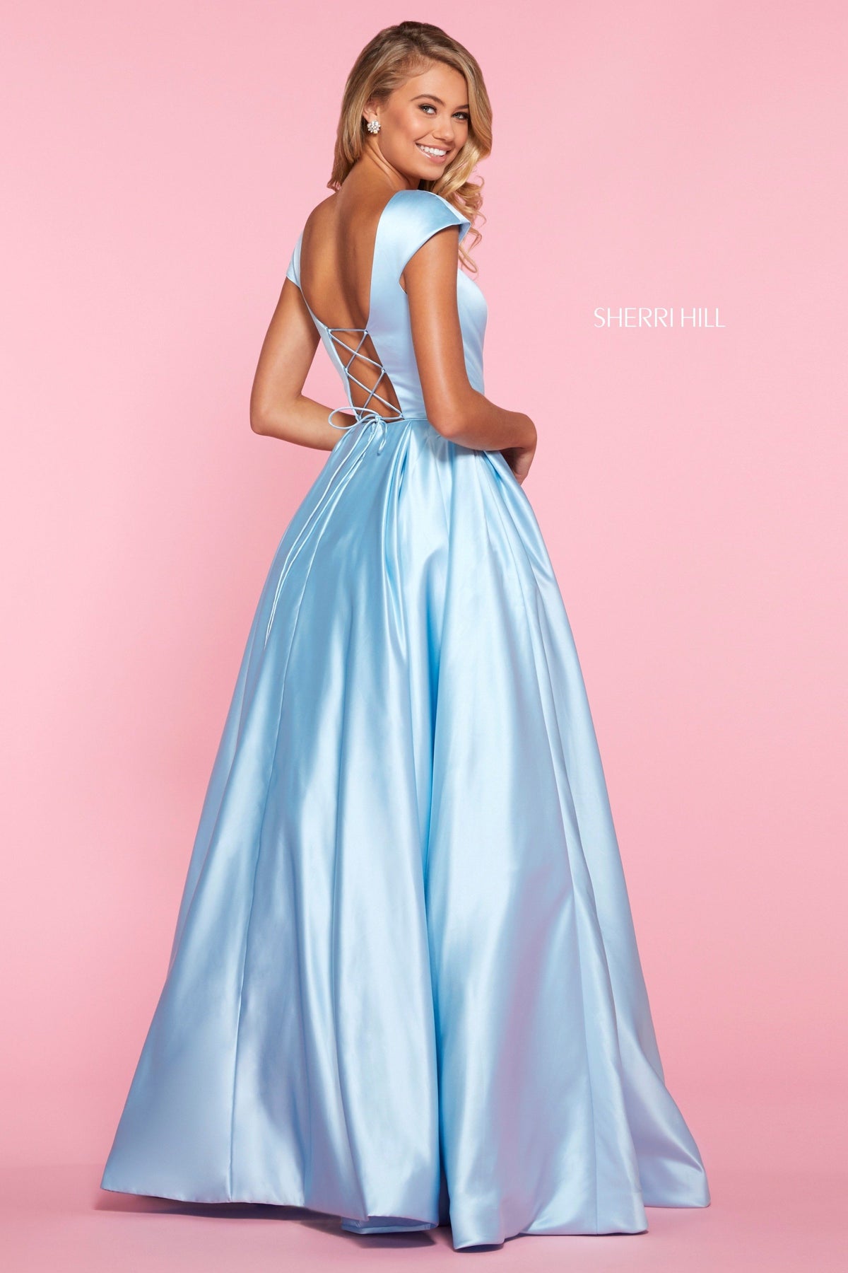 Sherri Hill 53315 satin A-line gown with cap sleeve bodice