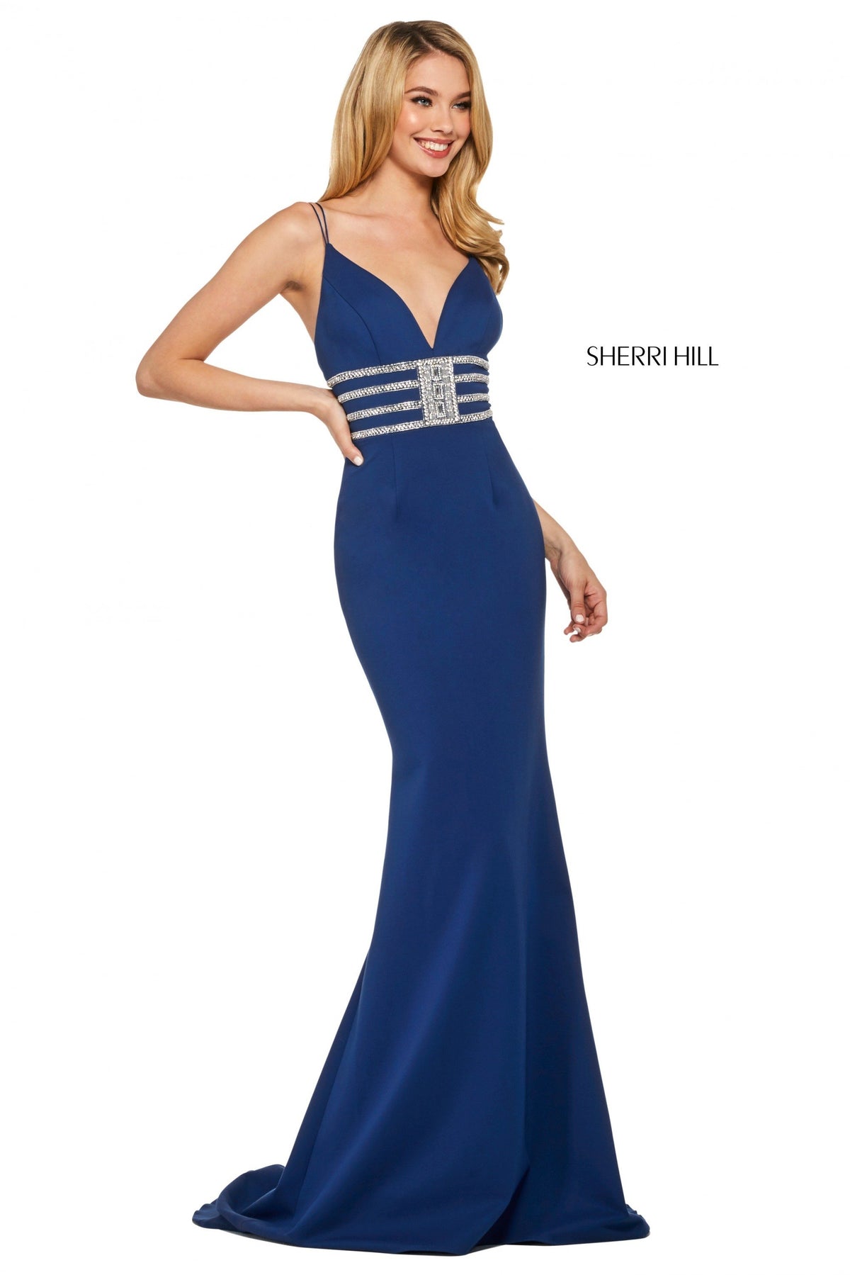 Sherri Hill 53331 scuba gown with sweetheart V-neckline in royal