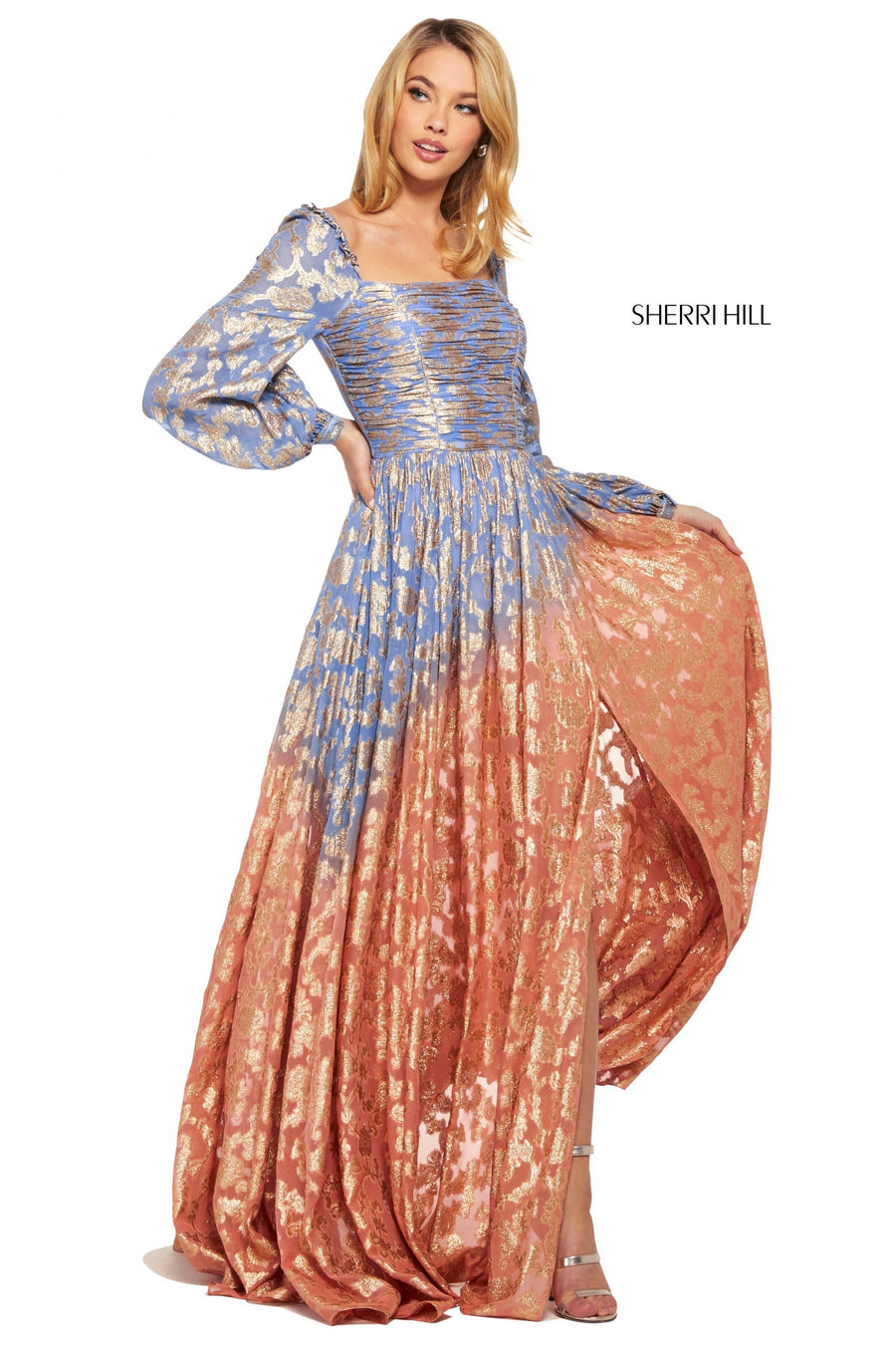 Sherri Hill style 53349 in nude/aqua, Metallic Cross Dyed Chiffon Gown