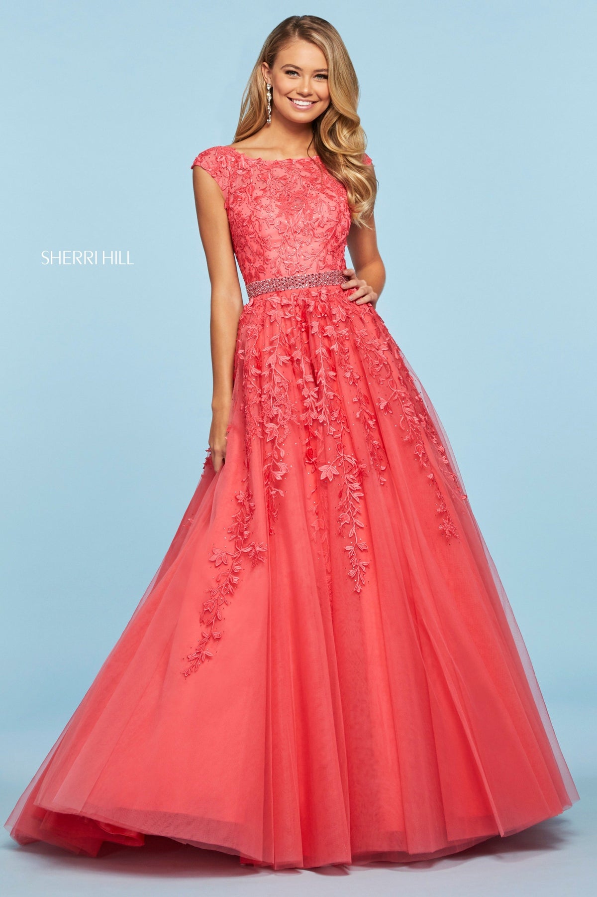 Sherri Hill 53356 embroidered tulle ball gown in coral