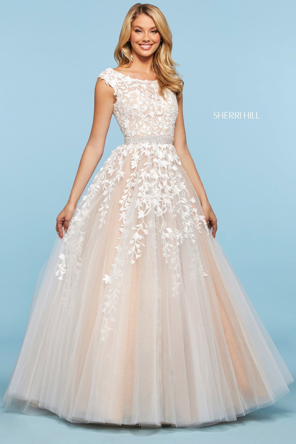 Sherri Hill 53356 embroidered tulle ball gown in ivory/nude