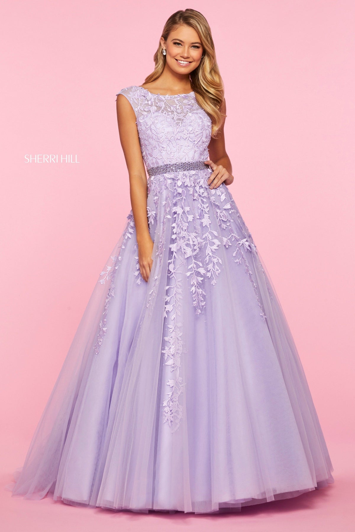 Sherri Hill 53356 embroidered tulle ball gown in lilac