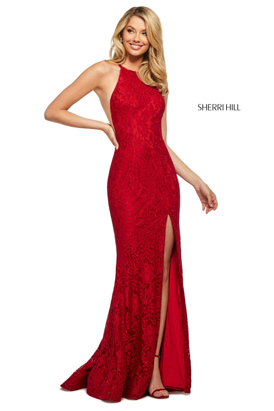 Sherri Hill style 53361 in red, Stretch Lace Dress