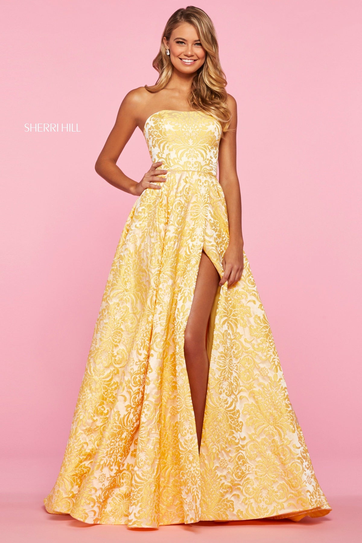 Sherri Hill 53379 strapless brocade A-line dress