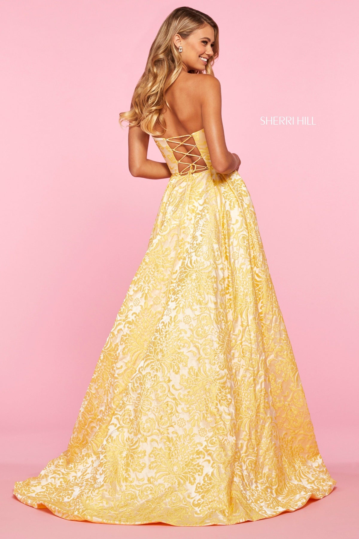 Sherri Hill 53379 strapless brocade A-line dress